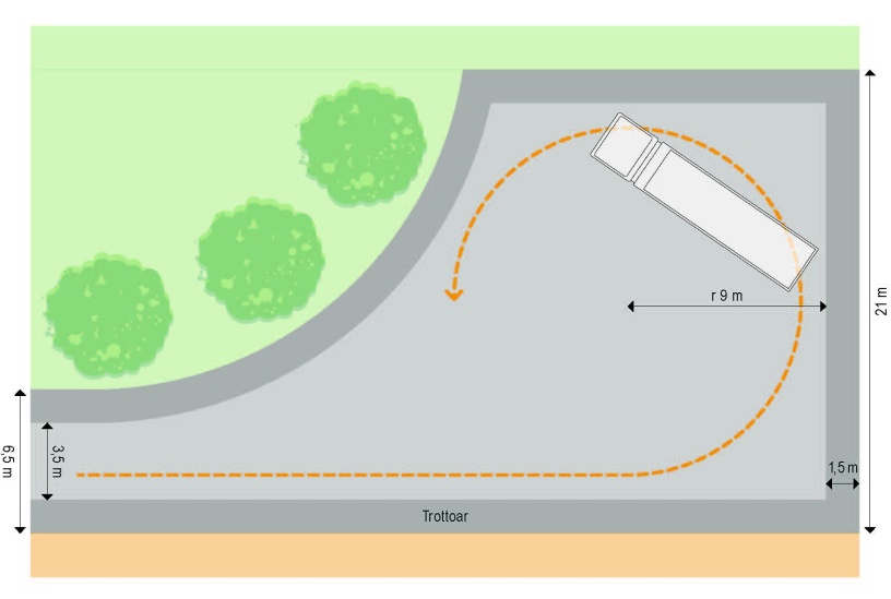Illustration som visar vändplats där avfallsbilen kan svänga runt helt